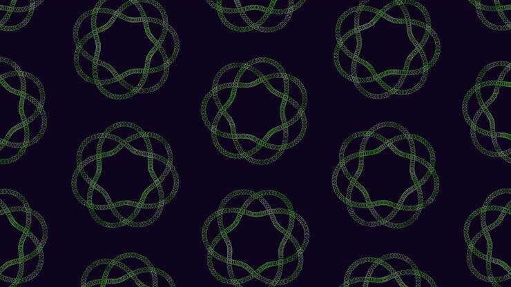 Repetitive green line circles interlock seamlessly in a looped pattern against a black background, creating a captivating and harmonious design