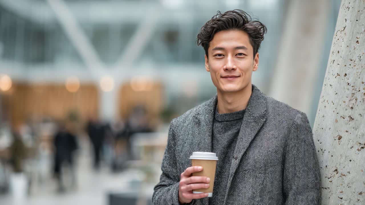 A Stylish Young Man Enjoying a Coffee Break in a Modern Urban Environment with Elegant Interiors and Soft Lighting, Creating a Relaxed Atmosphere