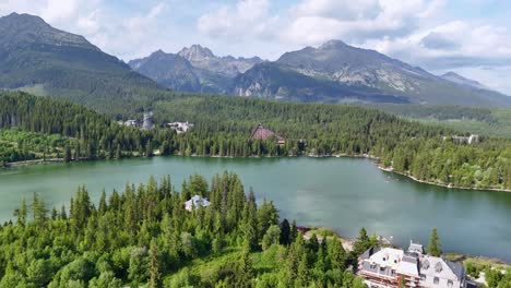 calm lake of strbske pleso in high tatras, slovakia - popular ski, tourist, and health resort. - aerial shot