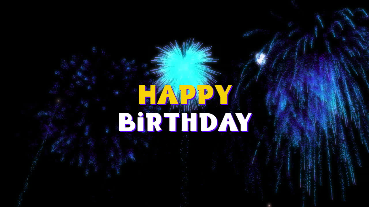 Colorful fireworks animation with Happy Birthday text in bold yellow and white