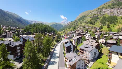 Zermatt,-Switzerland,-Europe-in-spring,-aerial-view-and-flight-towards-Matterhorn-mountain-in-the-Swiss-Alps