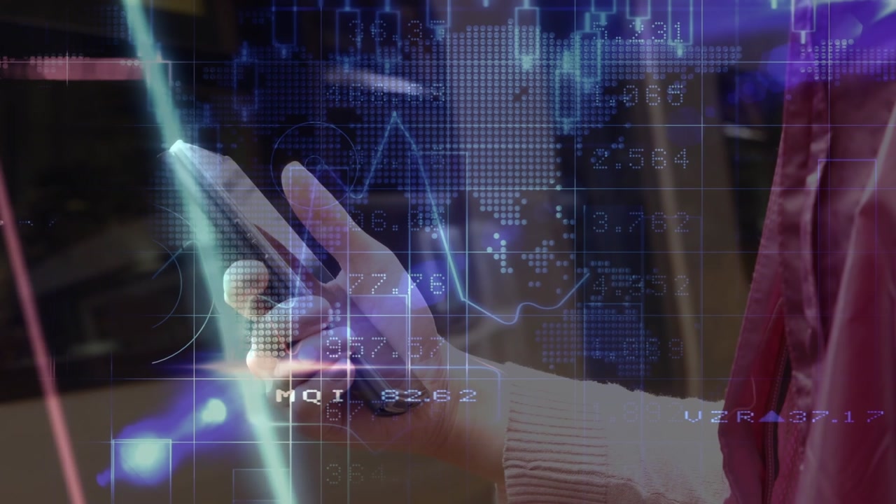Data processing over mid section of caucasian woman using smartphone at train station