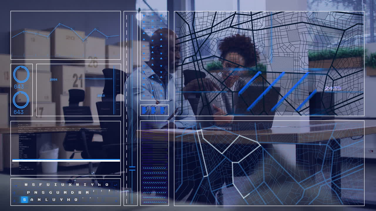 Two colleagues reviewing transport data in meeting room, with animated city map and chart overlays
