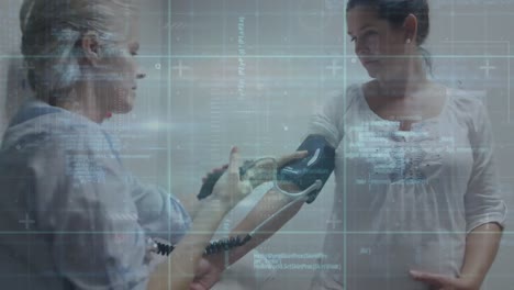 animation of data processing over caucasian female doctor checking female patient blood pressure