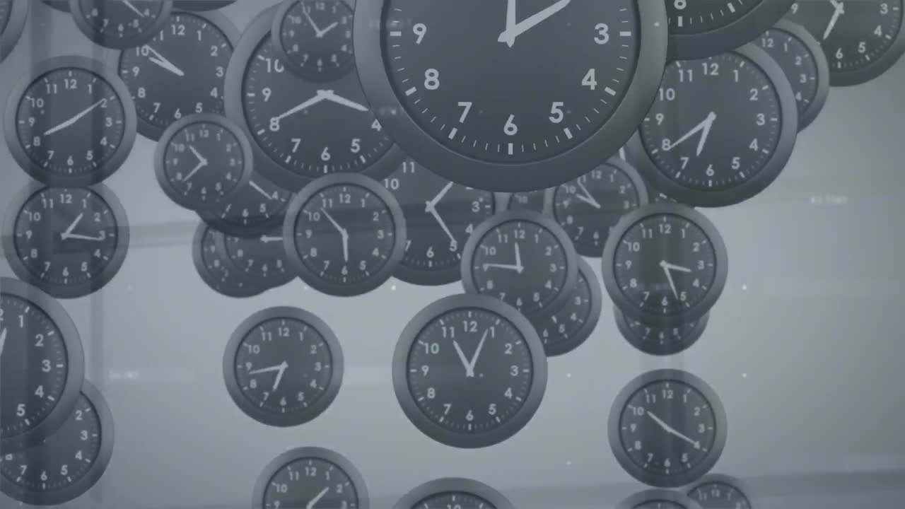 Animation of falling black watches over number against abstract background
