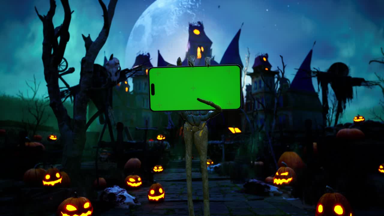 스레트 손이 녹색 화면으로 상승하는 스마트 폰, 박와 함께 할로윈 유령 집, 무서운 달 아래 호박 영화 비디오 애니메이션 배경