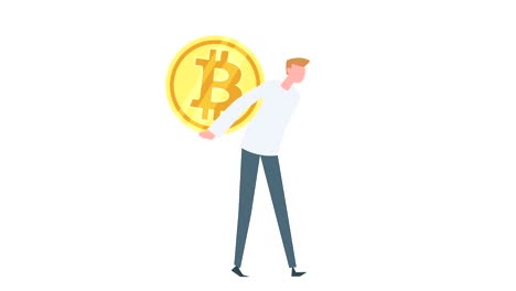 animación de personaje de hombre colorido plano. hombre sube por la escalera con moneda bitcoin en su espalda