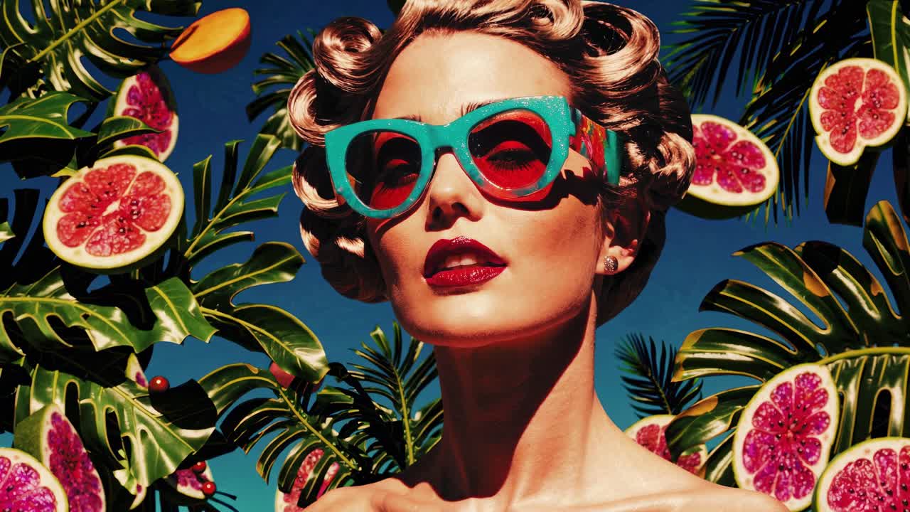 Concept vidéo vibrant de style rétro avec un plan en contre-plongée d'une femme portant des lunettes de soleil audacieuses