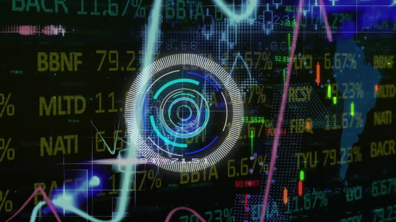 animación del escaneo del alcance, los números y el procesamiento de datos sobre fondo azul