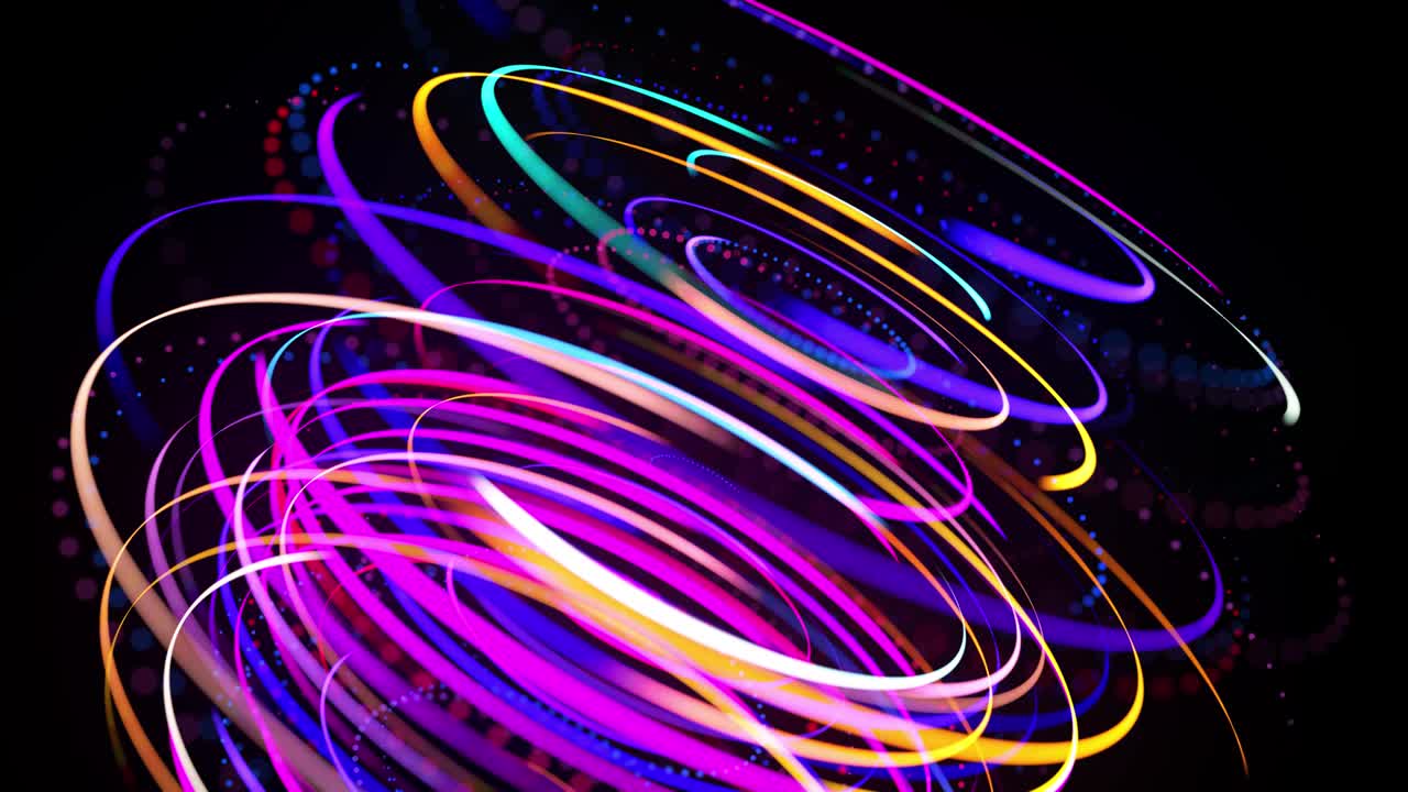 Light flow form ring structure. Light effect as abstract looped background with light trails, stream of multicolor neon lines in space form rings. Modern trendy motion design background.