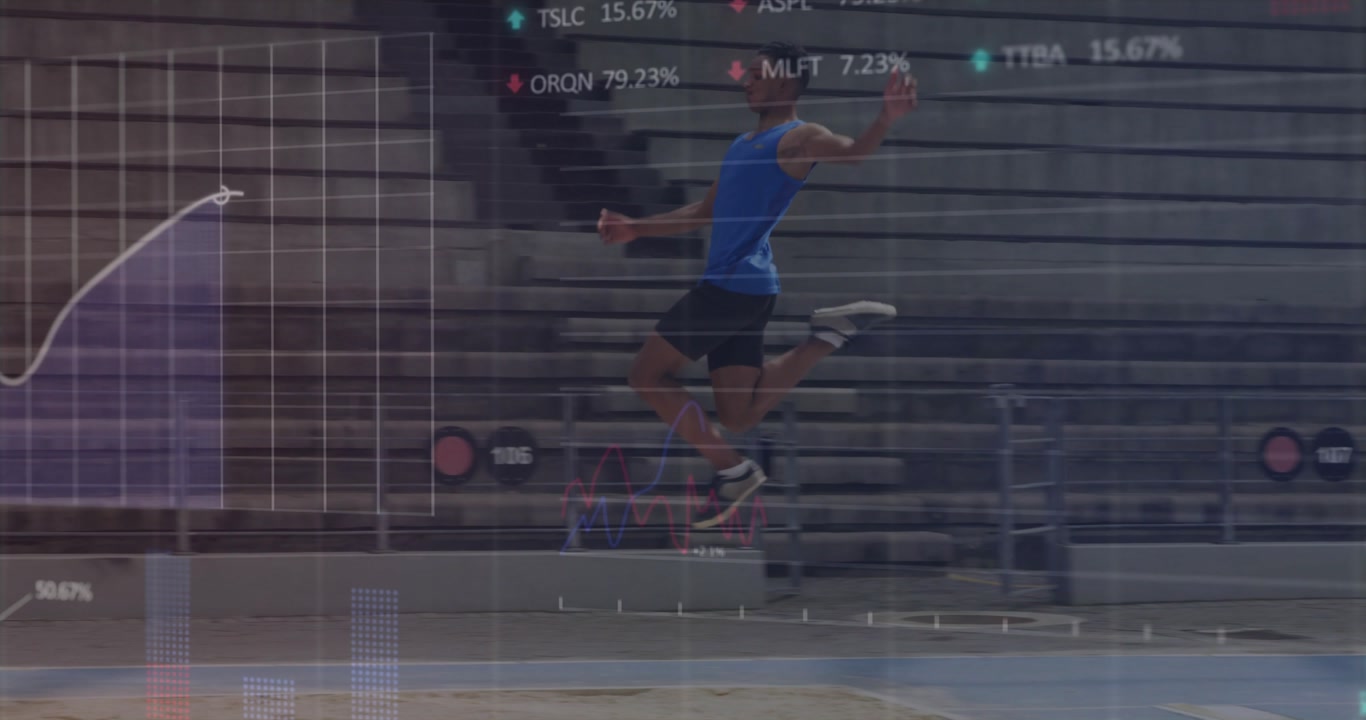 Male track athlete sprinting on runway and activating technology charts tracking jump performance