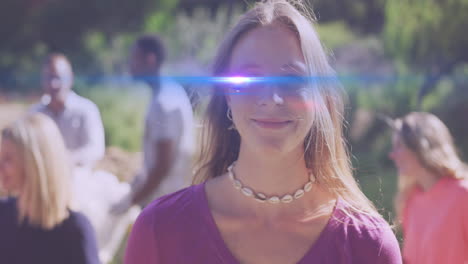 video de luces sobre un grupo feliz y diverso recogiendo basura en el campo