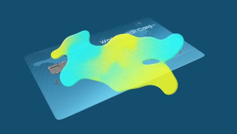 animation of green and yellow virus moving over credit card on blue background