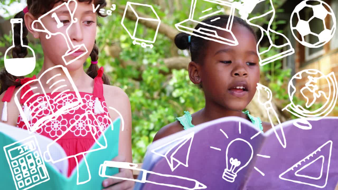 학교에서 읽는 여학생들에 대한 학교 아이콘의 애니메이션