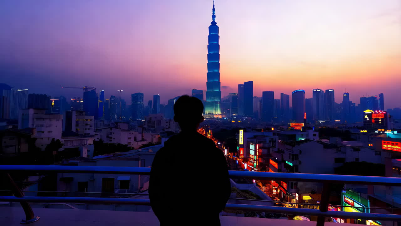Silhouette of a person overlooking the Taipei cityscape at twilight