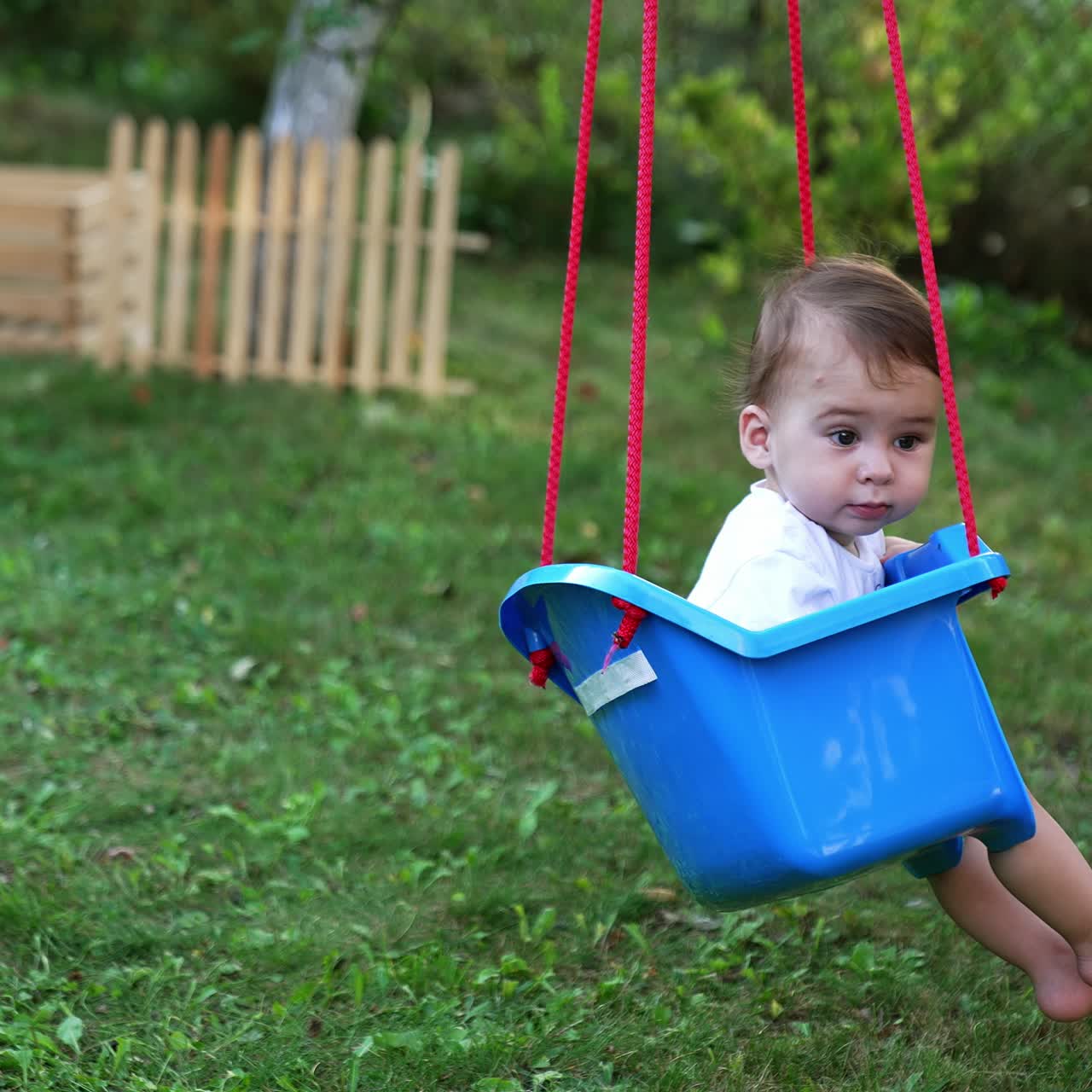 Little kid in t-shirt and shorts swaying in a swing. Calm barefoot baby boy in the garden in summer. Nature backdrop in blur