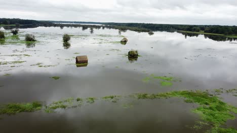 spilled pond rozmberk into the wetlands around. flooded czech republic. drone.