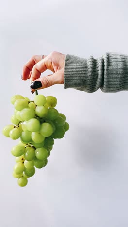 woman's hand holding a bunch of green grapes