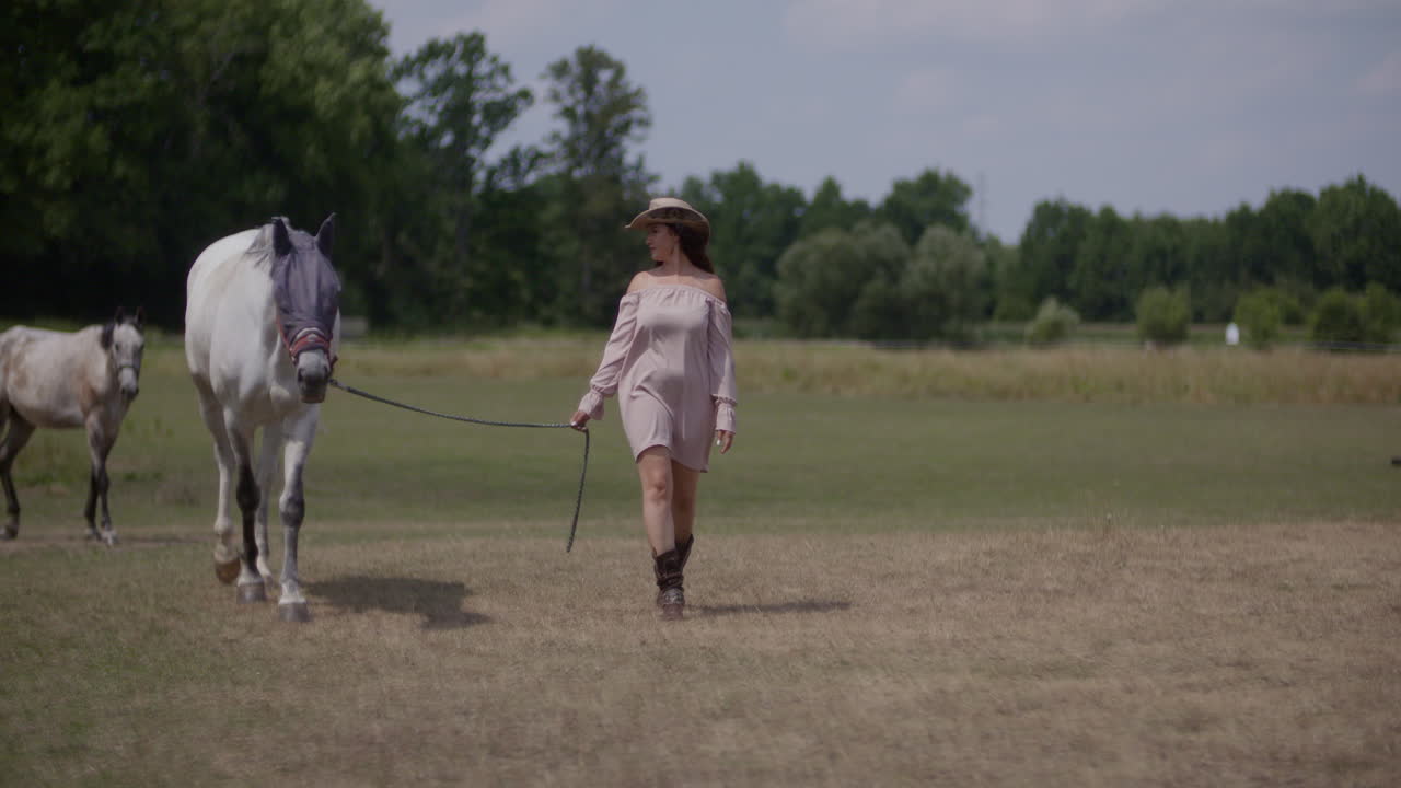 Woman walking with horses in a field
