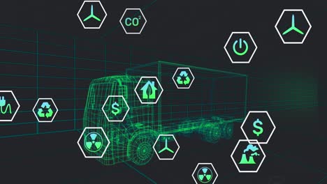 Animation-Von-Symbolen,-Die-Statusdaten-über-Einem-3D-Lkw-Modell-Verarbeiten,-Das-Sich-Auf-Schwarzem-Hintergrund-Bewegt