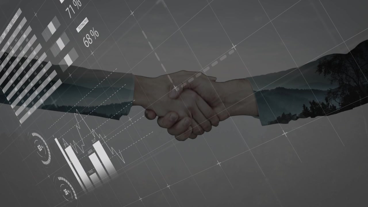 Animation of financial data over caucasian businessmen shaking hands