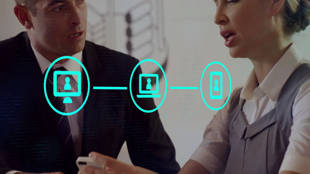 animación de la red de conexiones con iconos sobre colegas caucásicos en la reunión