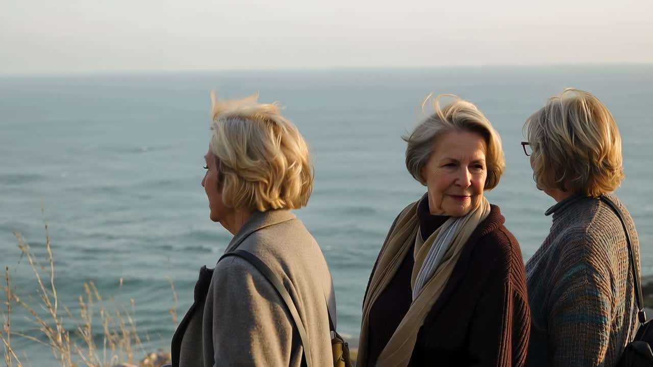 Standing three senior women in coats, turning heads at cliff, breeze ruffling hair inhaling sea air