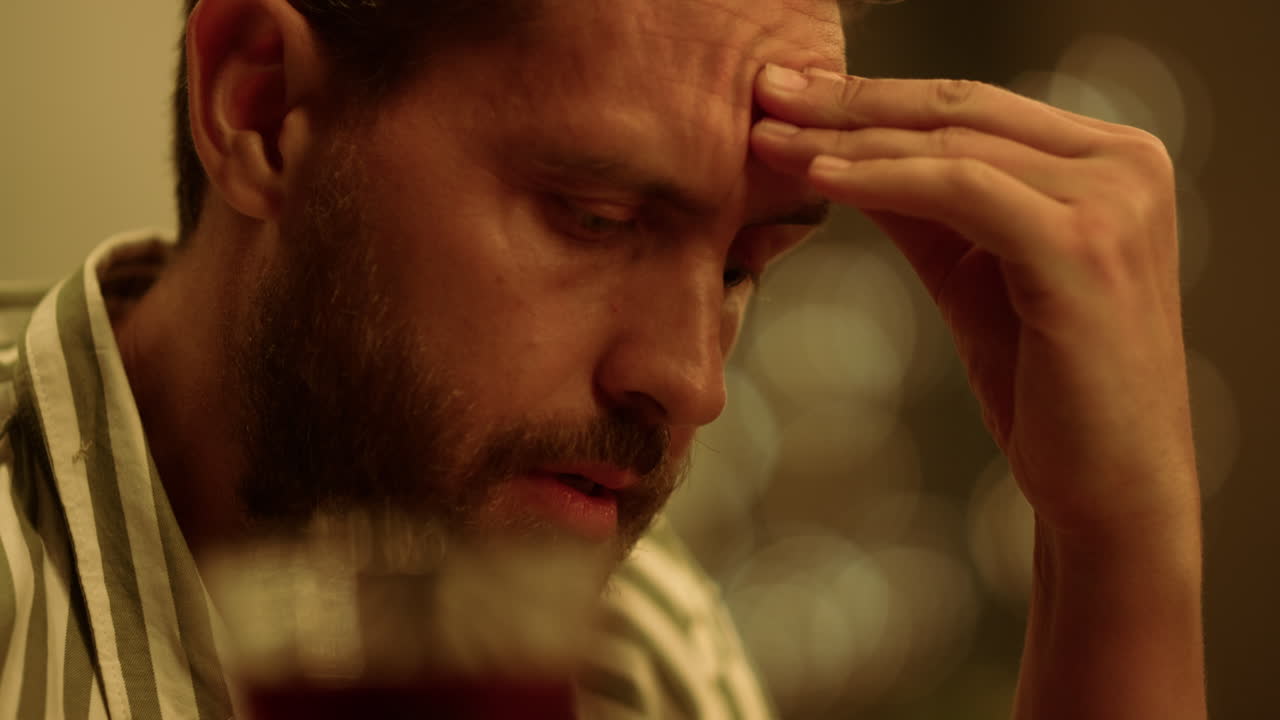 깊이 숨을 쉬는 사려 깊은 남자 의 근접적 인 시각