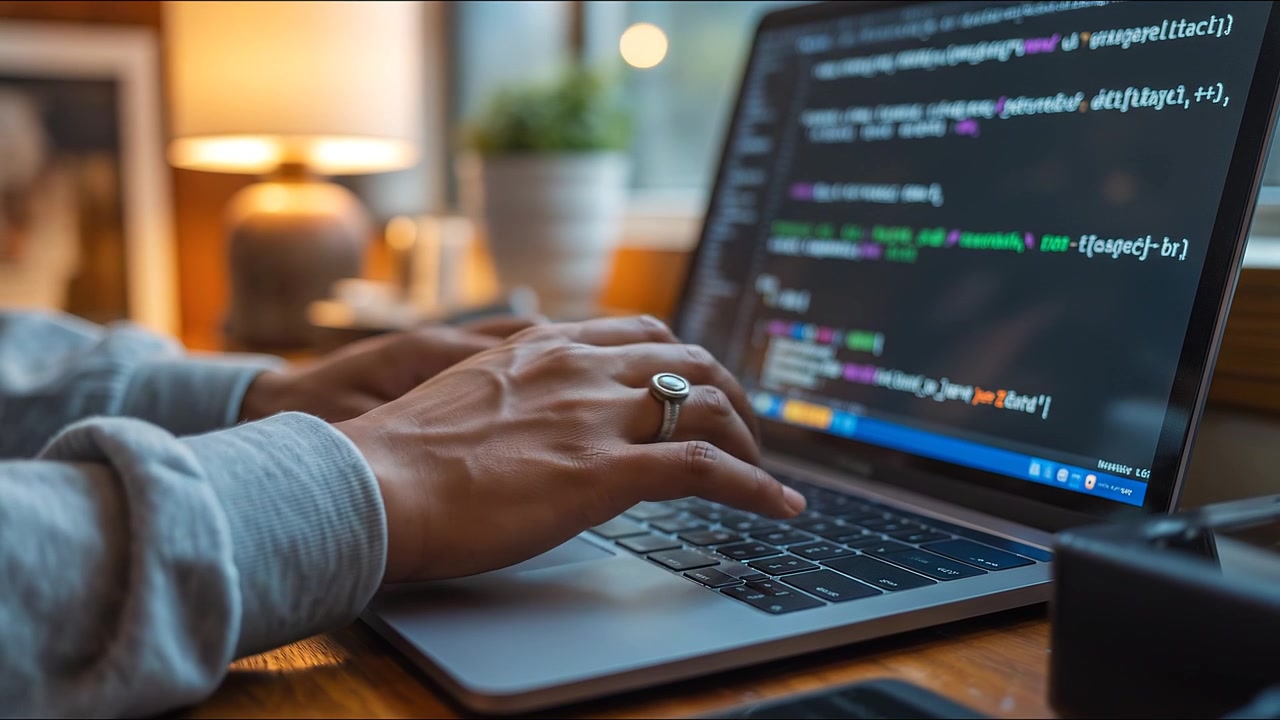Close-up of Hands Typing Code on Laptop Keyboard