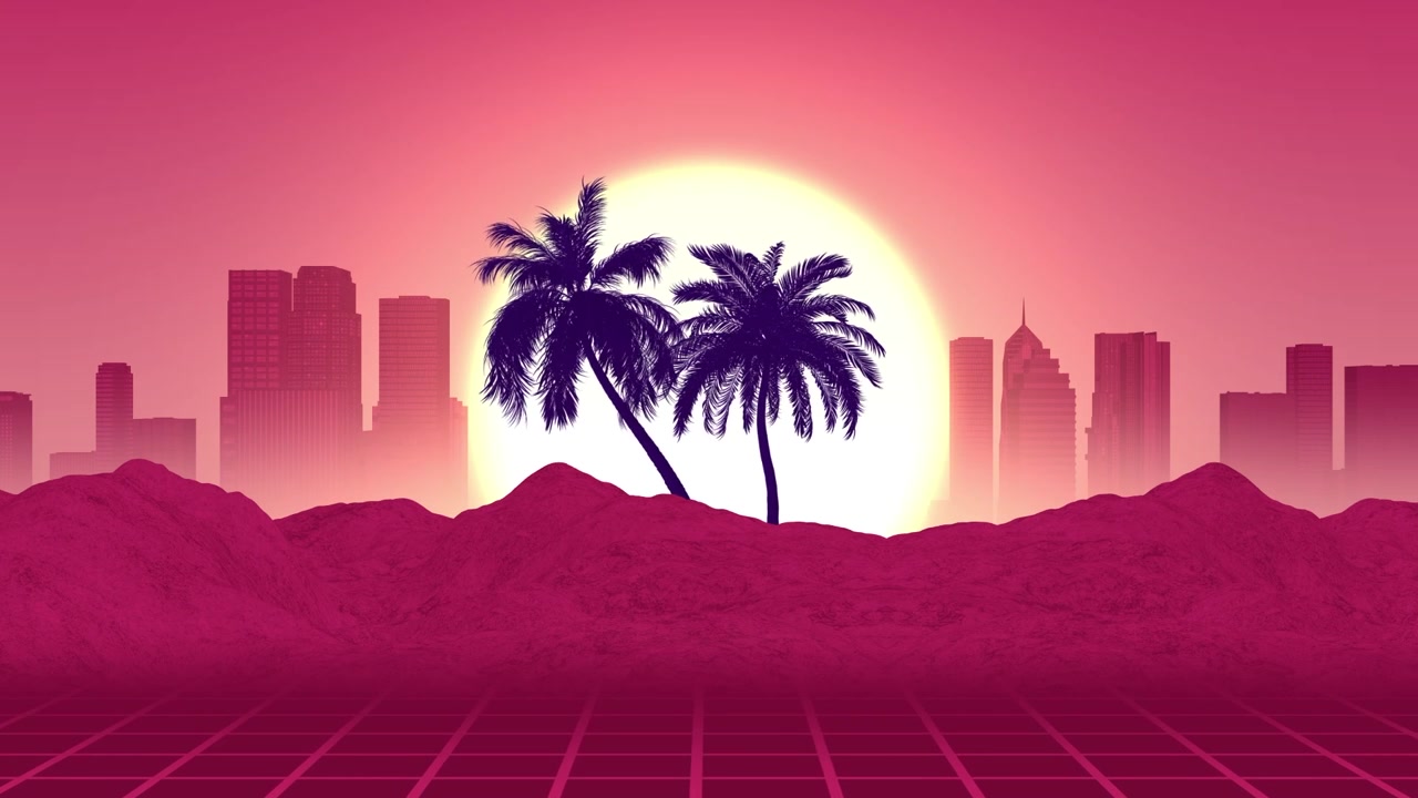 Paesaggio Retro Synthwave con palme e skyline della città