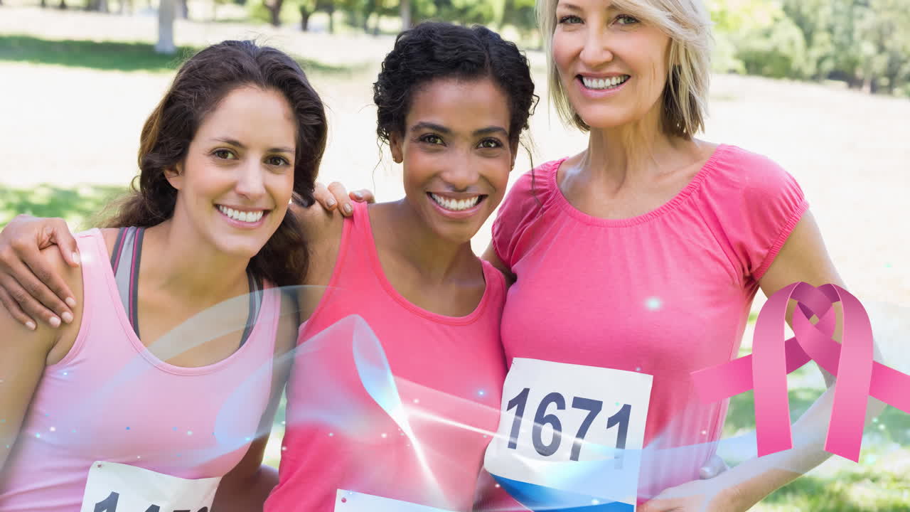Animazione del logo del nastro rosa e di un'onda blu su un gruppo eterogeneo di donne sorridenti