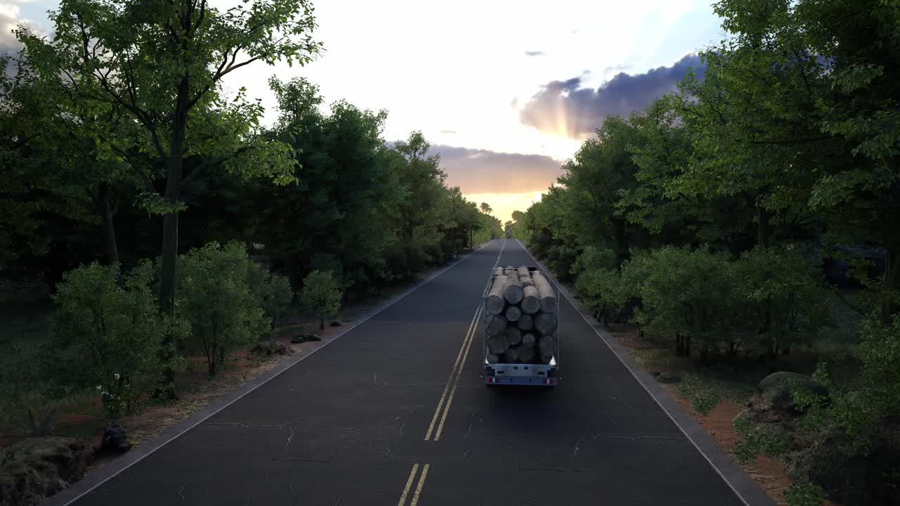 Forest Road with Log Truck at Sunset