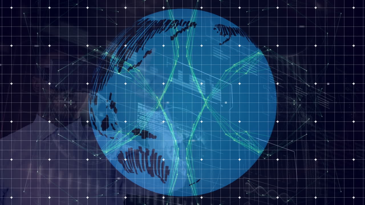 Animation of network of connections over globe and data processing