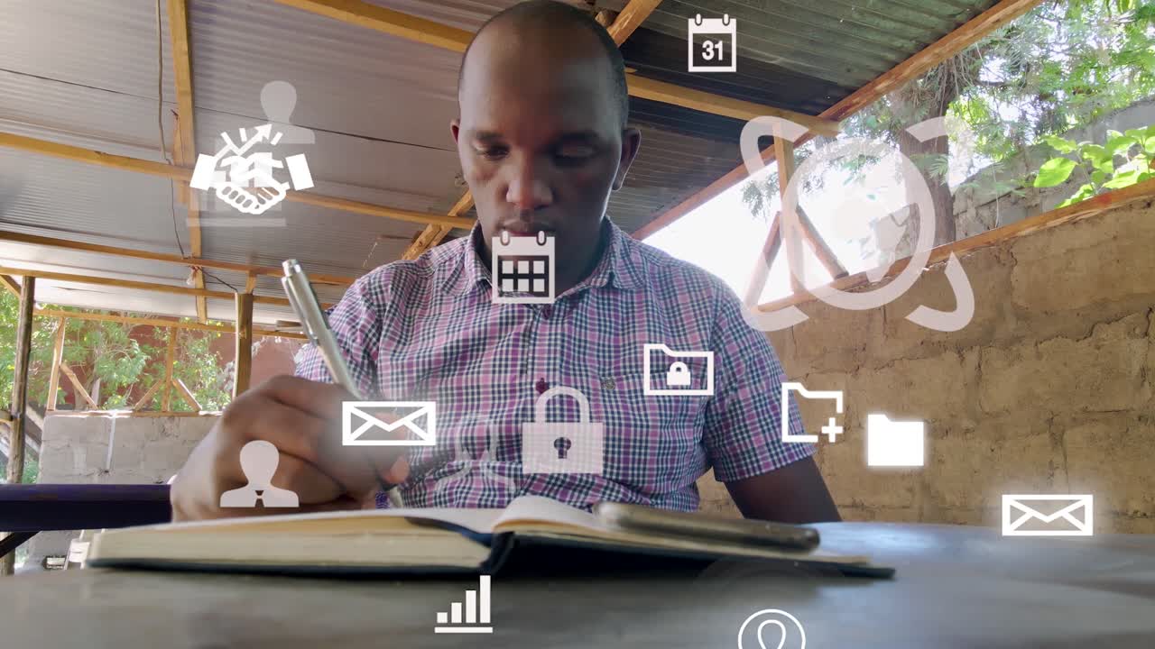 Futuristic graphical design of a man using phone