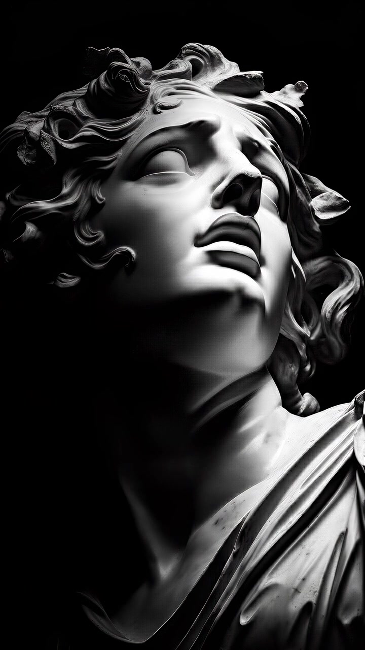 Illuminazione suggestiva su una testa di statua classica in marmo bianco
