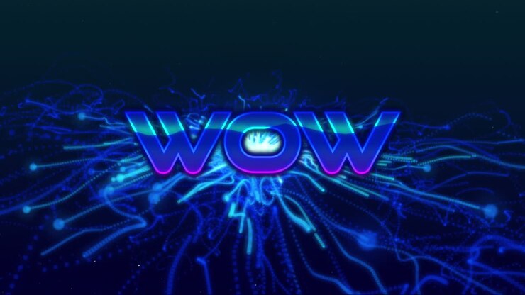 Animazione del testo 'wow' in lettere blu metallizzate su scie di luce blu