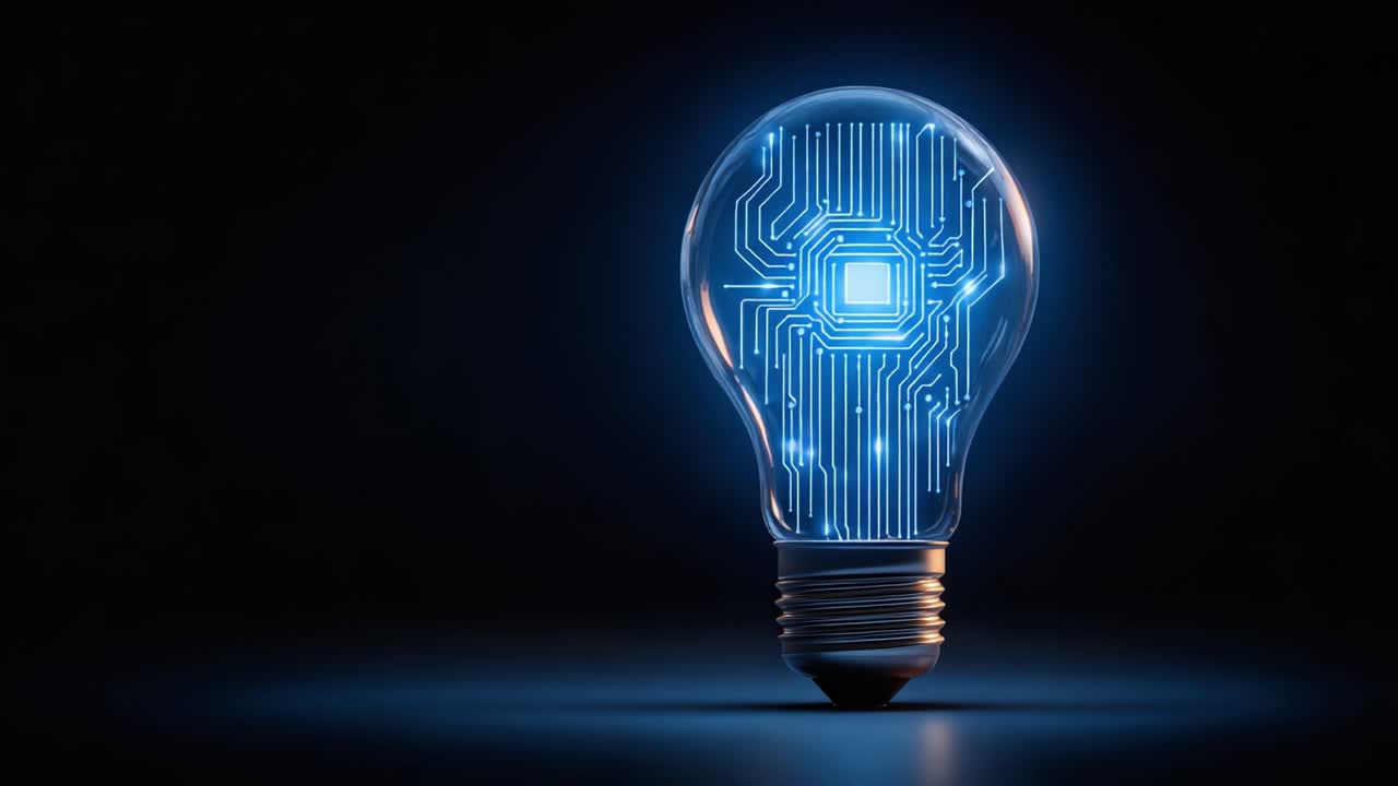 En innovativ lyspære som viser kretskortmønstre, lyser opp mørket med teknologisk glans og moderne design, og symboliserer fremtiden for smarte belysningsløsninger.