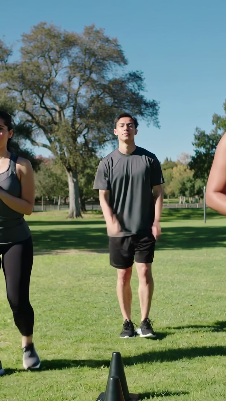 Workout partners in sportswear jogging in park, fitness drill starting, man closing gap over cone