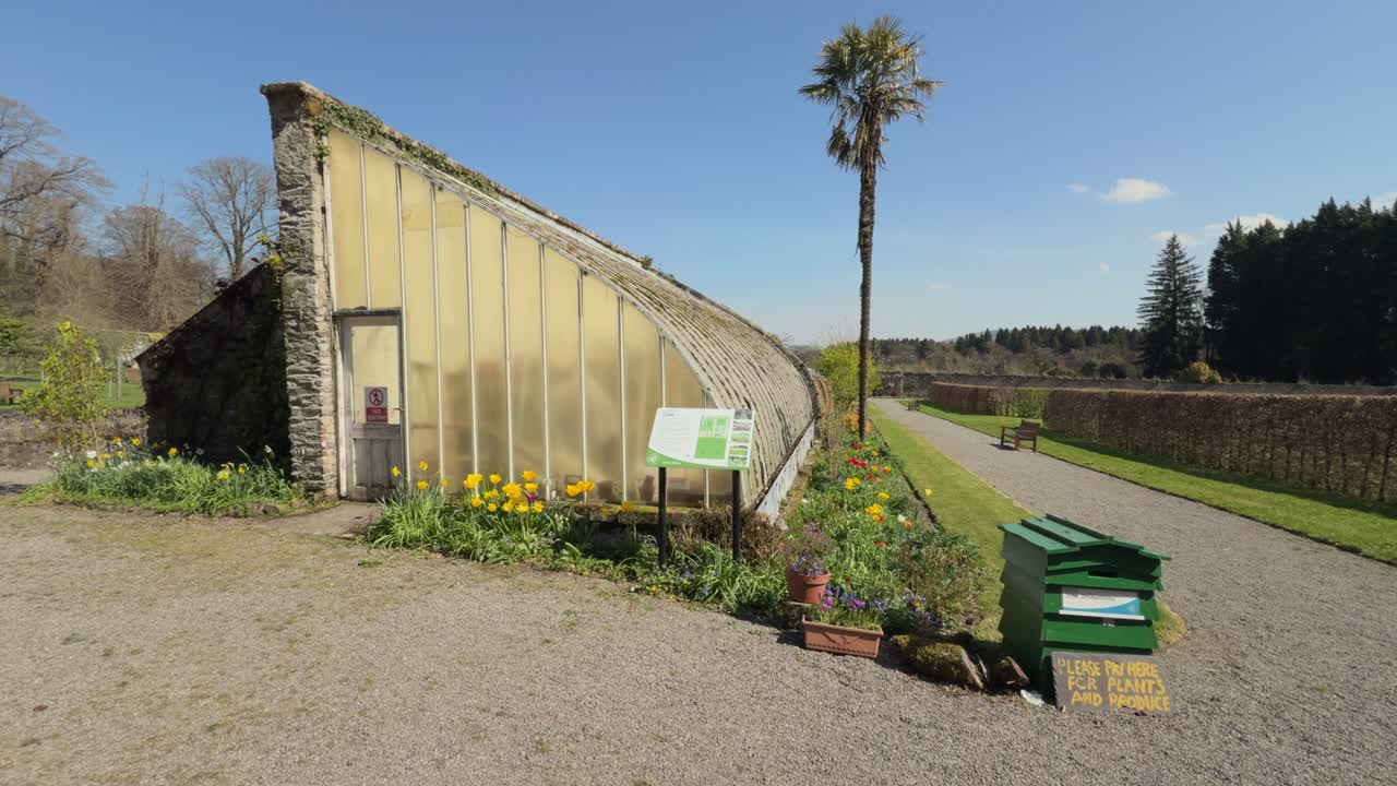 Ireland Russborough House walled garden old glasshouse and early spring flowers and colours epic location