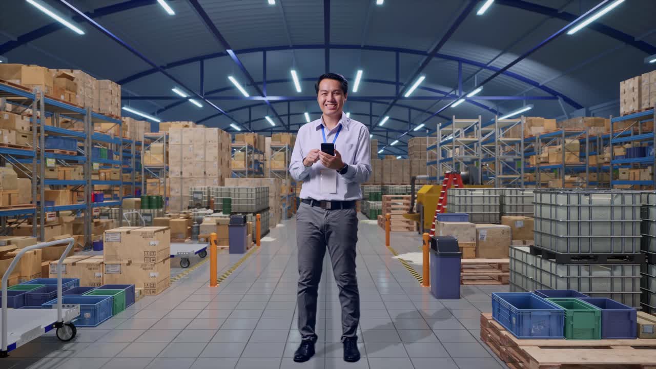 Figura intera di un professionista uomo asiatico in piedi con il suo smartphone in un magazzino con scaffali, guarda la fotocamera con un sorriso.