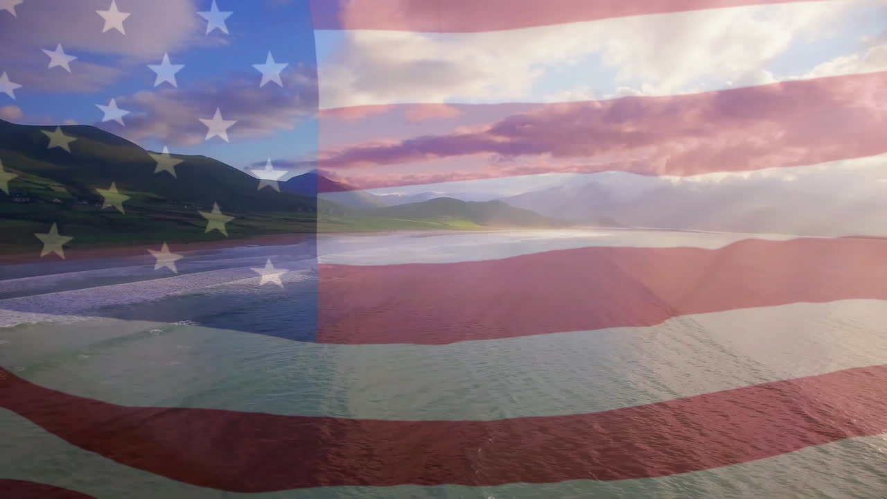 animación de la bandera de los estados unidos ondeando sobre el paisaje marino
