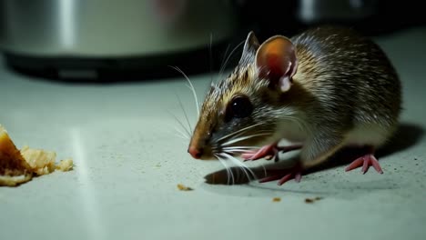 los ratones domésticos que buscan migas en el mostrador de la cocina durante la noche crean un problema común de plagas domésticas.