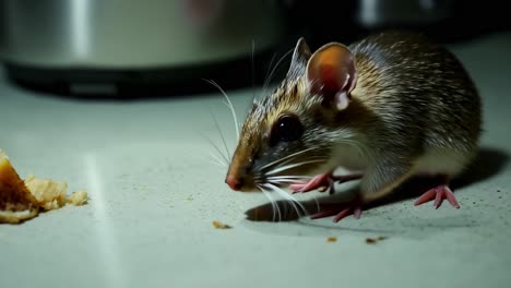 house mouse scavenging for crumbs on a kitchen counter during the night creates a common domestic pest problem