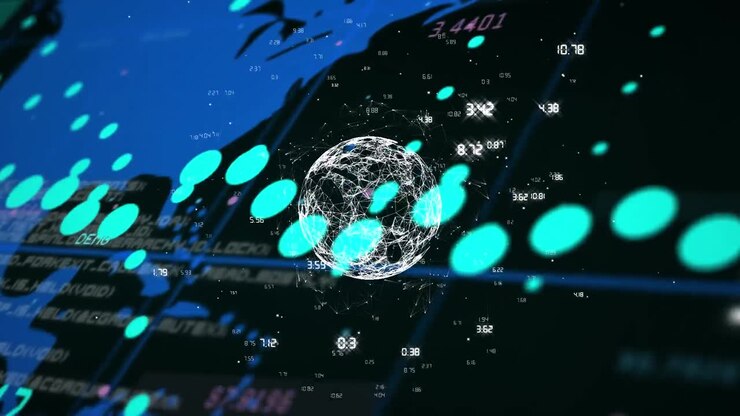 Animation of blue graph and data processing over blue world map on black background
