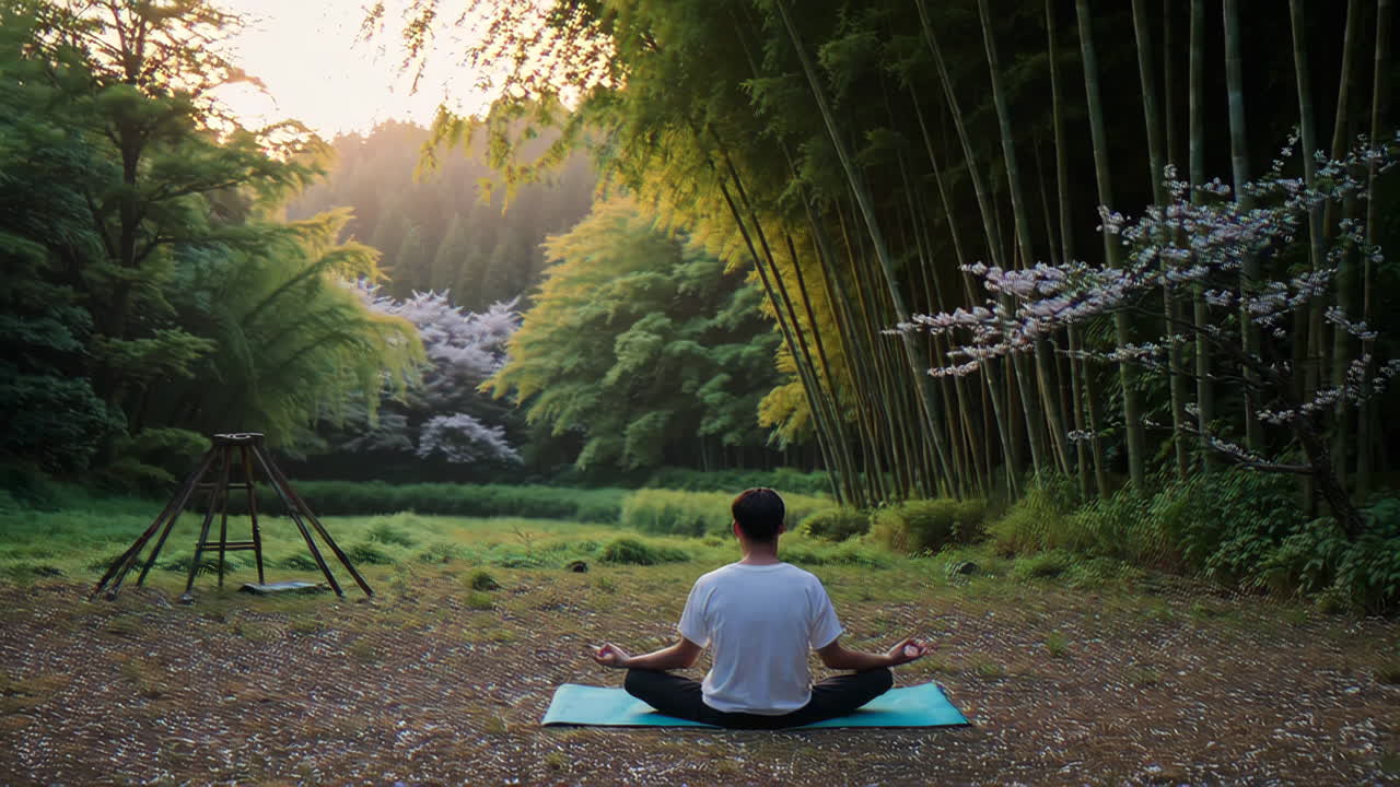 Man meditating in a tranquil bamboo forest at sunrise/sunset