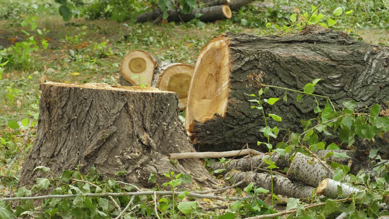 시골 야외에서 잘라낸 신선한 나무 줄기