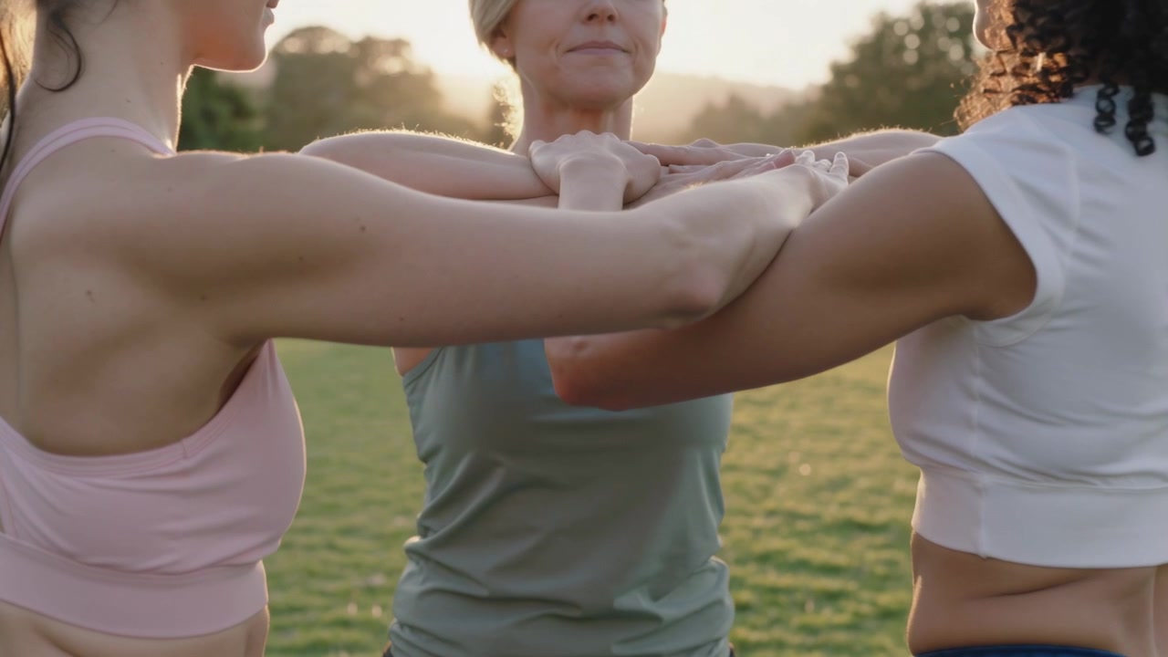 Tres mujeres en ropa deportiva haciendo la postura del triángulo, presionando los antebrazos en un parque al atardecer, fortaleciendo el core.
