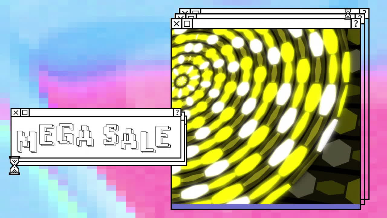 Animation of digital interface with mega sale text and yellow shapes on colourful background