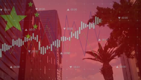 animation of chinese flag and data processing against view of tall buildings