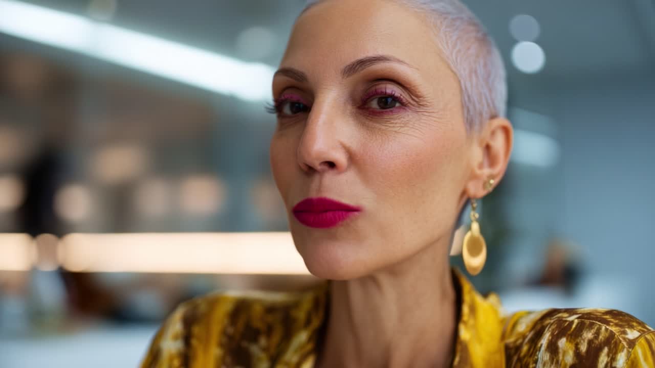 Una donna sicura di sé in abito dorato con trucco audace e capelli corti, che cattura emozioni forti in un primo piano intimo di moderna eleganza e stile